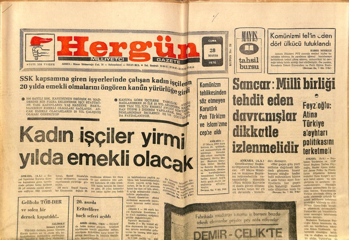 Hergün Gazetesi 28 Mayıs 1976 - Kadın İşçiler 20 Yılda Emekli Olacak - Kıbrıs'ta Toprak Bütünlüğünü Önce Rumlar İhlal Etti GZ151752 - 1