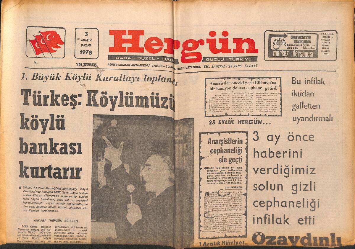 Hergün Gazetesi 3 Aralık 1978 - Adana MHP Kongresi Yapıldı , Güner Ve Somuncuoğlu Konuştu GZ151829 - 1