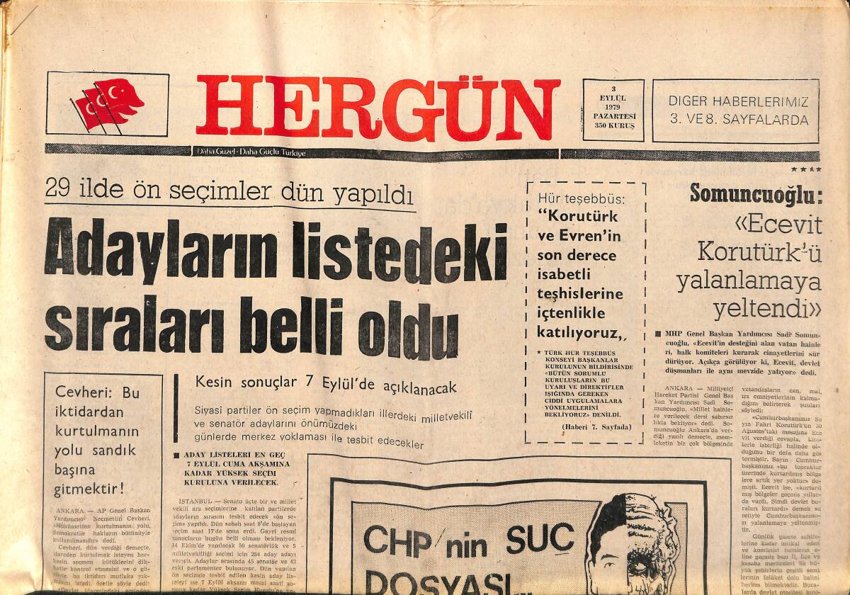 Hergün Gazetesi 3 Eylül 1979 - 29 İlde Ön Seçimler Dün Yapıldı - Kızıl Terör Ağustos Ayında 185 Cana Kıydı GZ151834 - 1