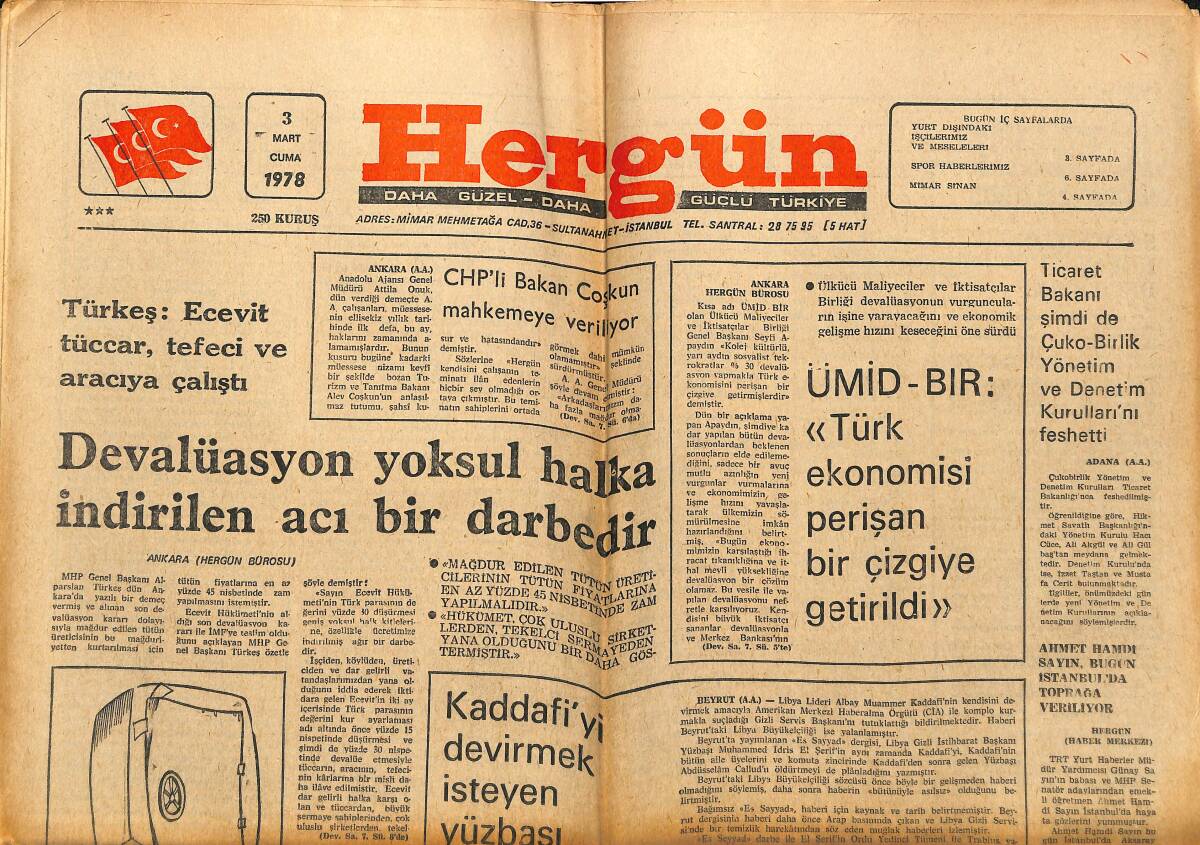 Hergün Gazetesi 3 Mart 1978 - Şişli S.B.Y.O'na Bomba İhbarı Yapıldı - Küba Ordusu'nun Üçte Biri Afrika'da GZ151880 - 1