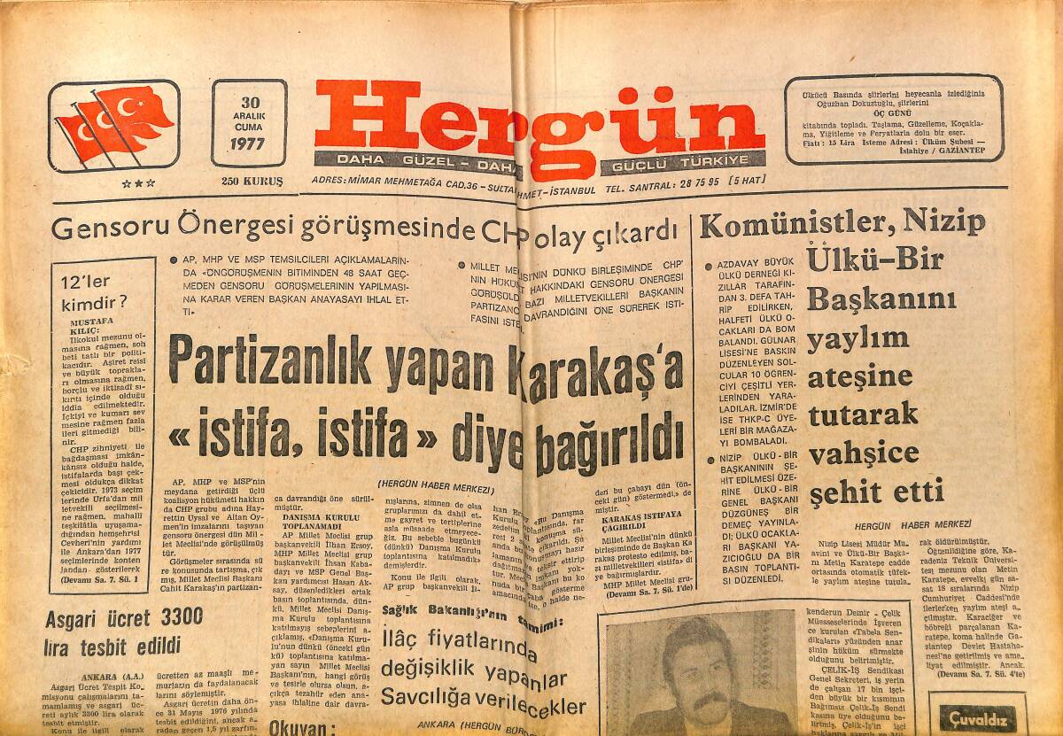 Hergün Gazetesi 30 Aralık 1977 - Partizanlık Yapan Karakaş'a İstifa Diye Bağırıldı - Trabzon Fenerbahçe'yi Değil, Liverpool'u Bile Yakalar GZ151766 - 1