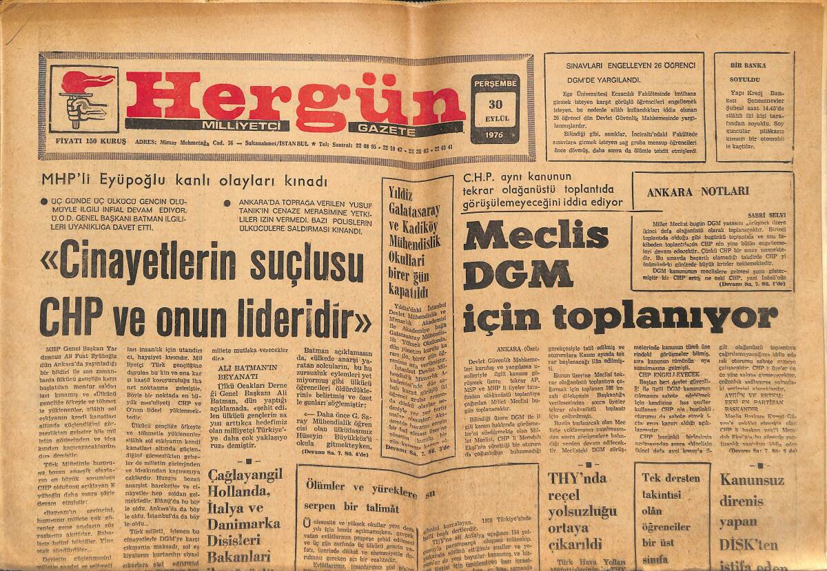 Hergün Gazetesi 30 Eylül 1976 - Meclis DGM İçin Toplanıyor - THY Genel Müdürü Talimat Yayınladı GZ149189 - 1
