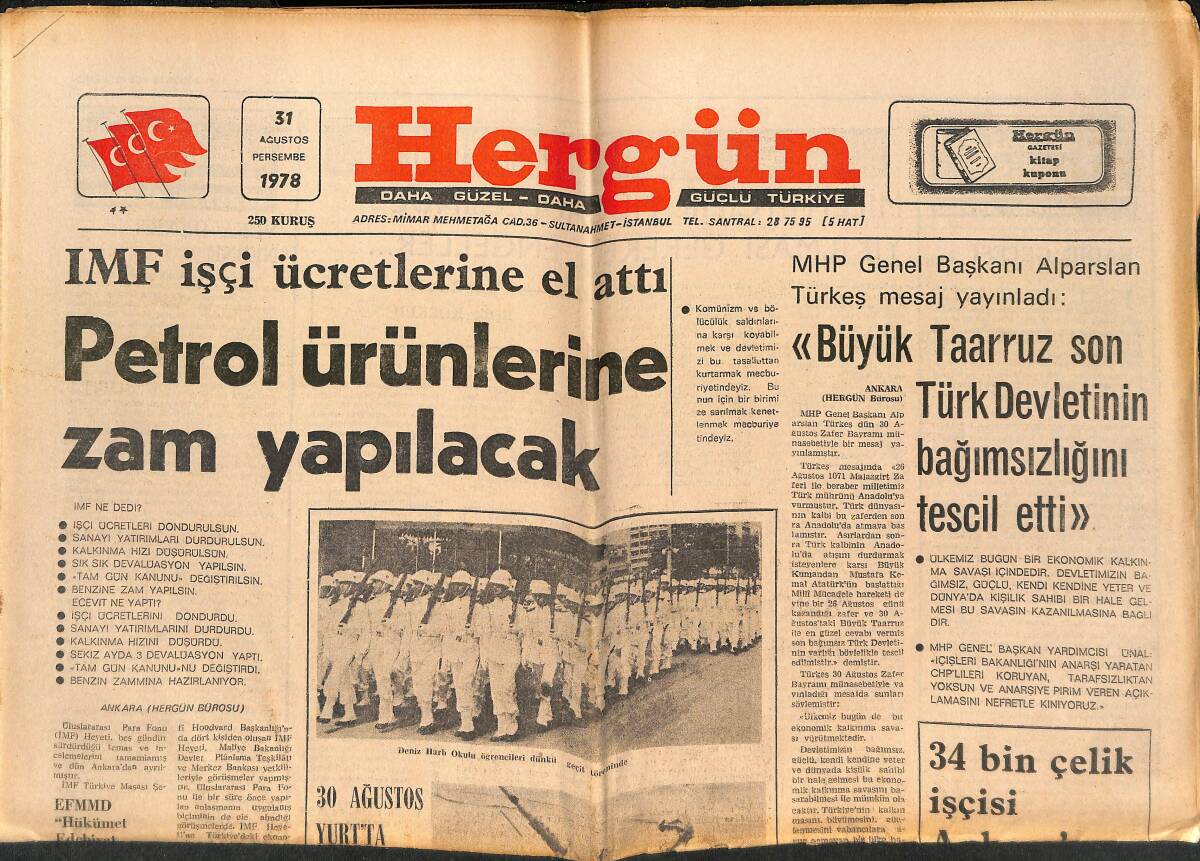 Hergün Gazetesi 31 Ağustos 1978 - Kızıl Anarşinin Silahlı Ve Bombalı Saldırısı Sürüyor - Ankara Telefon Başmüdürlüğünde Büyük Yolsuzluk GZ151704 - 1
