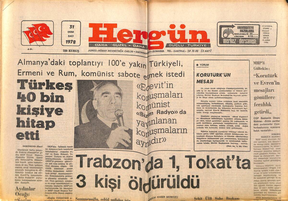 Hergün Gazetesi 31 Ekim 1978 - Ecevit İktidarının Sonu Gelmiştir - Ceyhan Ticaret Lisesinde Ülkücüler Okula Alınmıyor GZ151793 - 1