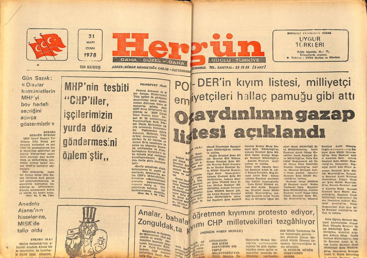 Hergün Gazetesi 31 Mart 1978 - Manisa'da Ülkücü Bir Esnaf Şehit Edildi - Özaydınlının Gazap Listesi Açıklandı GZ151862 - 1