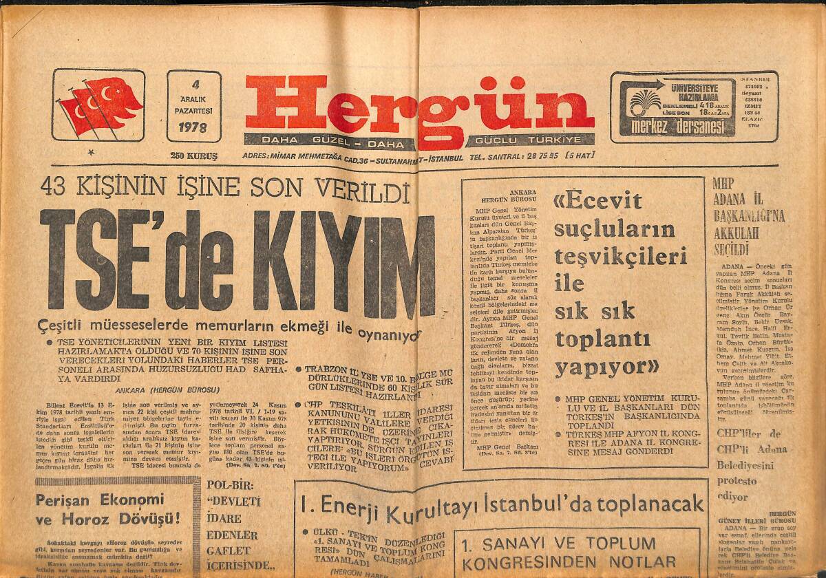 Hergün Gazetesi 4 Aralık 1978 - TRT'de Milliyetçi Personel Baskı Altında - TSE'de Kıyım GZ151831 - 1