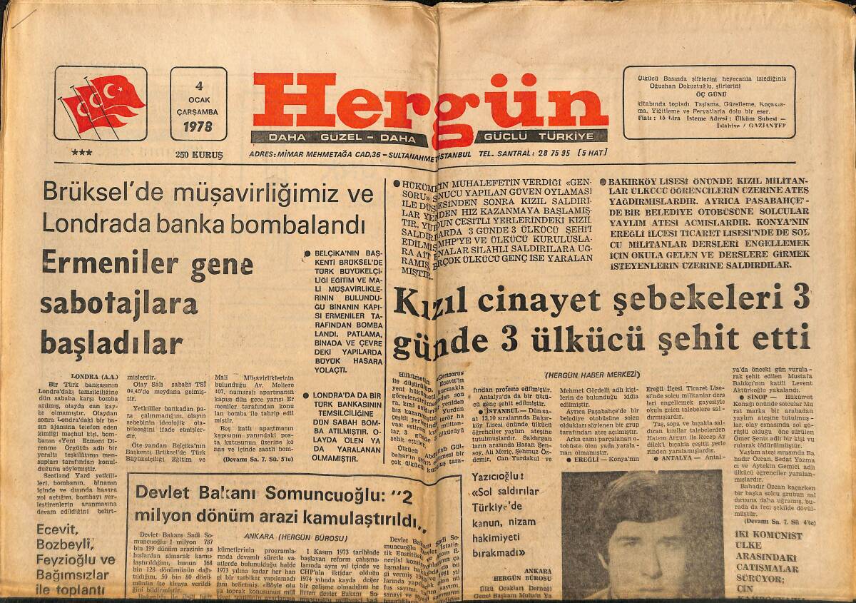 Hergün Gazetesi 4 Ocak 1978 - Ermeniler Gene Sabotajlara Başladılar - Kızıl Cinayet Şebekeleri 3 Günde 3 Ülkücü Şehit Etti GZ151869 - 1