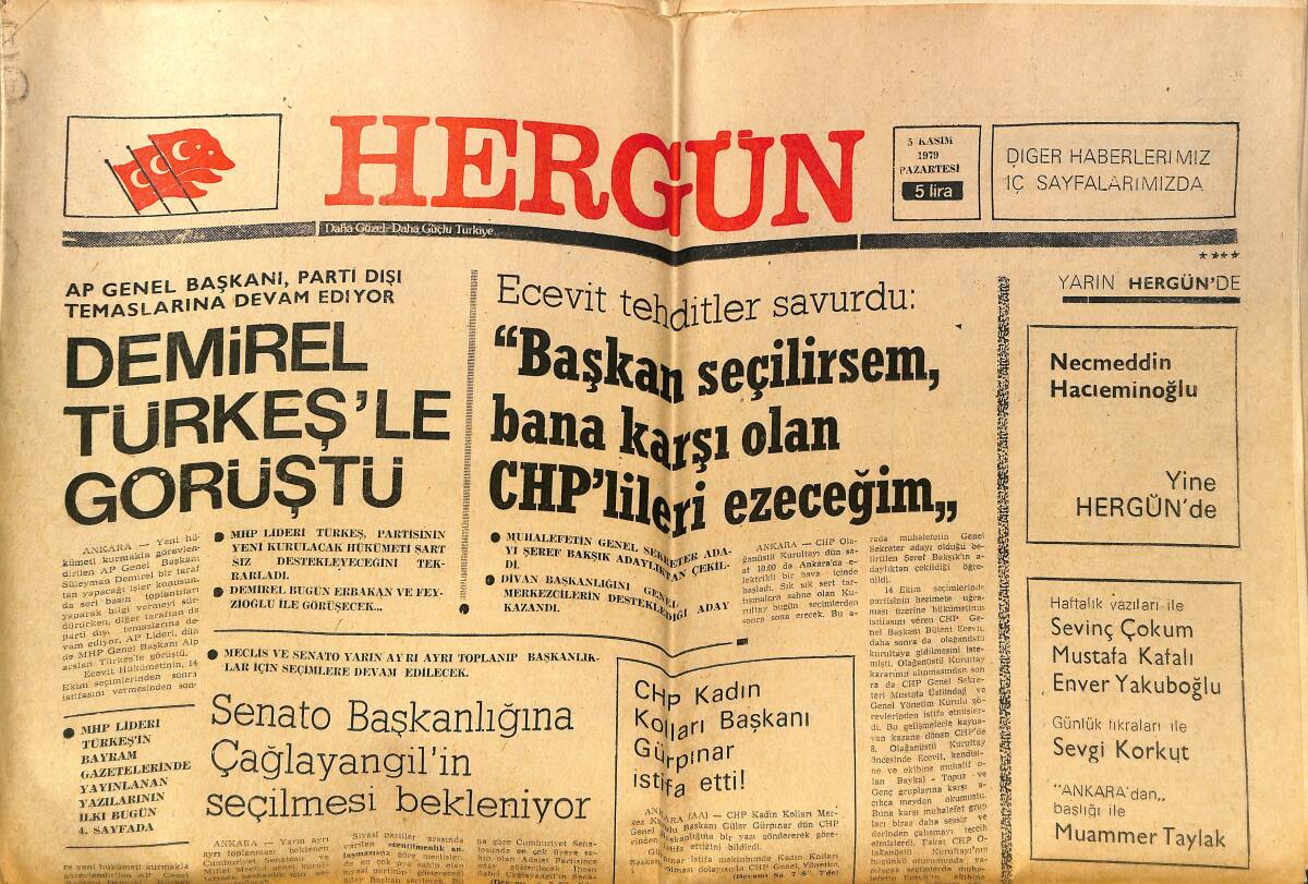 Hergün Gazetesi 5 Kasım 1979 - Demirel Türkeş'le Görüştü - BM, Küba İle Kolombiya Arasında Tercih Yapamadı GZ151733 - 1
