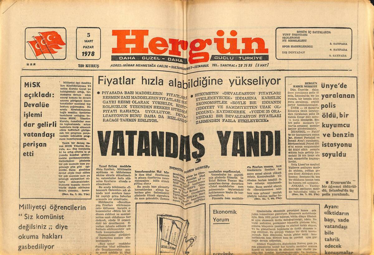 Hergün Gazetesi 5 Mart 1978 - CHP Türkiye'yi Yokluk , Adaletsizlik Diyarı Yaptı - Kapitalizmin Kaderi Fransız Seçimlerine Bağlı GZ151878 - 1