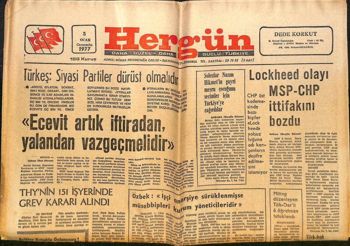 Hergün Gazetesi 5 Ocak 1977 - Ecevit Artık İftiradan Yalandan Vazgeçmelidir - Tarihi Yalıların Arka Arkaya Yanmasından Kasıt Aranıyor GZ151713 - 1