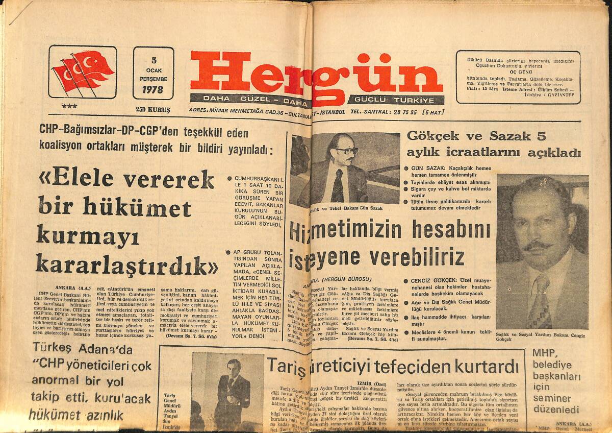 Hergün Gazetesi 5 Ocak 1978 - Tariş Üreticiyi Tefeciden Kurtardı - Batı'da Türk Düşmanlığı , Türk Sevmezliği Vardır GZ151870 - 1