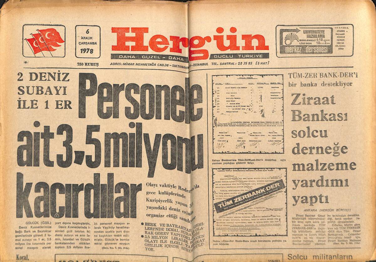 Hergün Gazetesi 6 Aralık 1978 - Ziraat Bankası Solcu Derneğe Malzeme Yardımı Yaptı - Terör Elazığ'ı Kana Buladı GZ151789 - 1