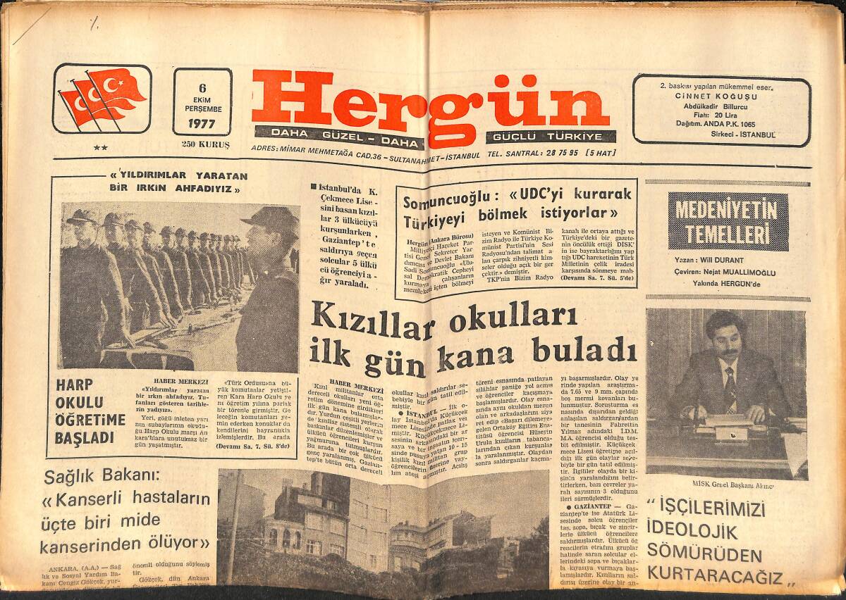 Hergün Gazetesi 6 Ekim 1977 - Kızıllar Okulları İlk Gün Kana Buladı - Harp Okulu Öğretime Başladı GZ151736 - 1