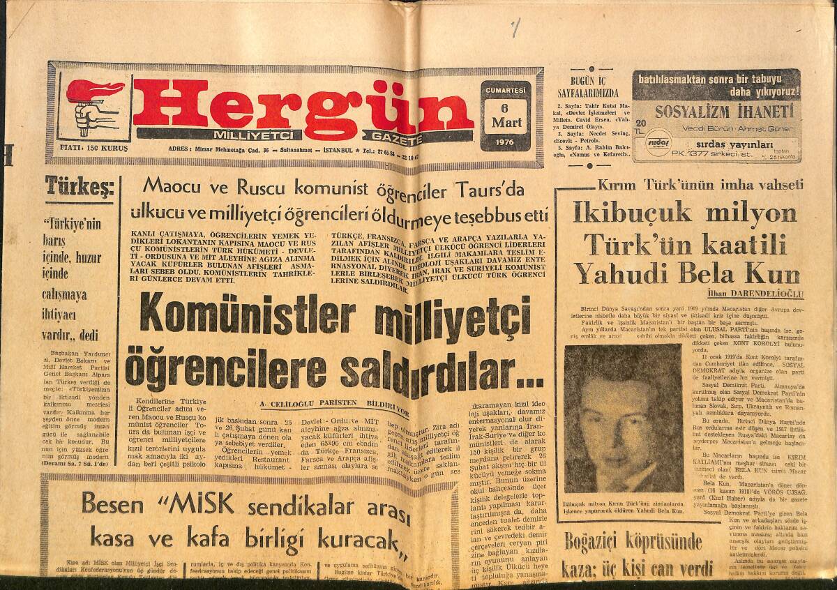 Hergün Gazetesi 6 Mart 1976 - Ecevit Ve Demirel İle İlgili İddiaları İnceleyecek Komisyon Toplanıyor - Fenerbahçe Ve Beşiktaş Yarını Bekliyor GZ151711 - 1