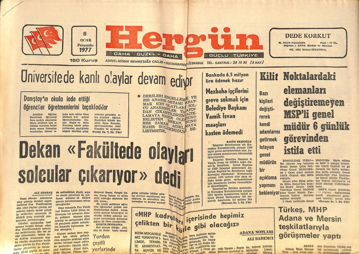 Hergün Gazetesi 6 Ocak 1977 - Dekan, Fakültede Olayları Solcular Çıkarıyor Dedi - Türk Dili Akademisi Kuruluyor GZ151720 - 1
