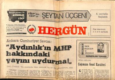 Hergün Gazetesi 7 Ağustos 1980 - Doktorlar Bütün Yurtta Yarın Bir Günlük İşi Bırakma Eylemi Yapacak GZ69003 - 1