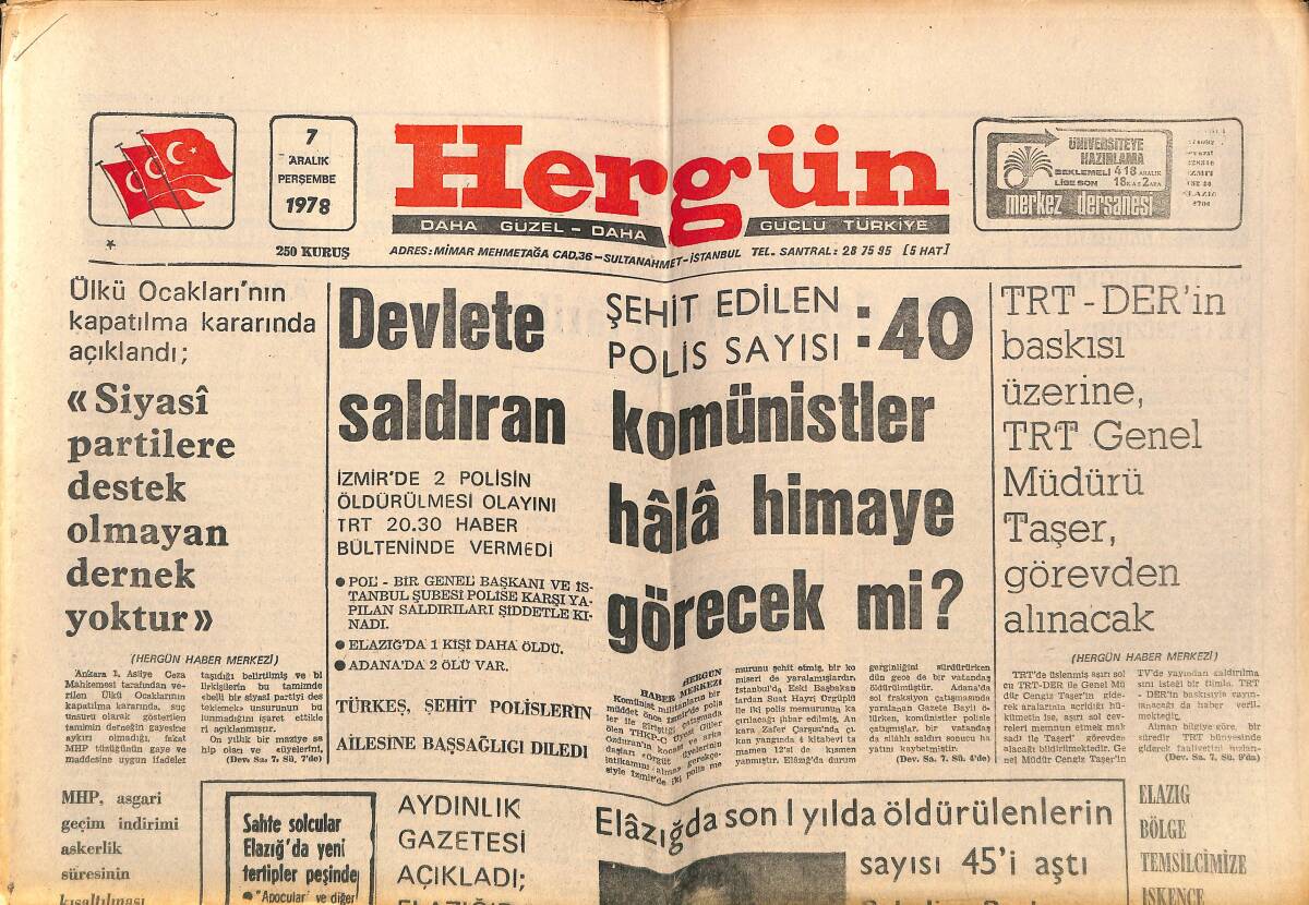Hergün Gazetesi 7 Aralık 1978 - Elazığ'da Kanlı Olayları Sol Tertip Ediyor - Şah'ın Tahtı Bırakacağı Haberleri Yalanlandı GZ151796 - 1