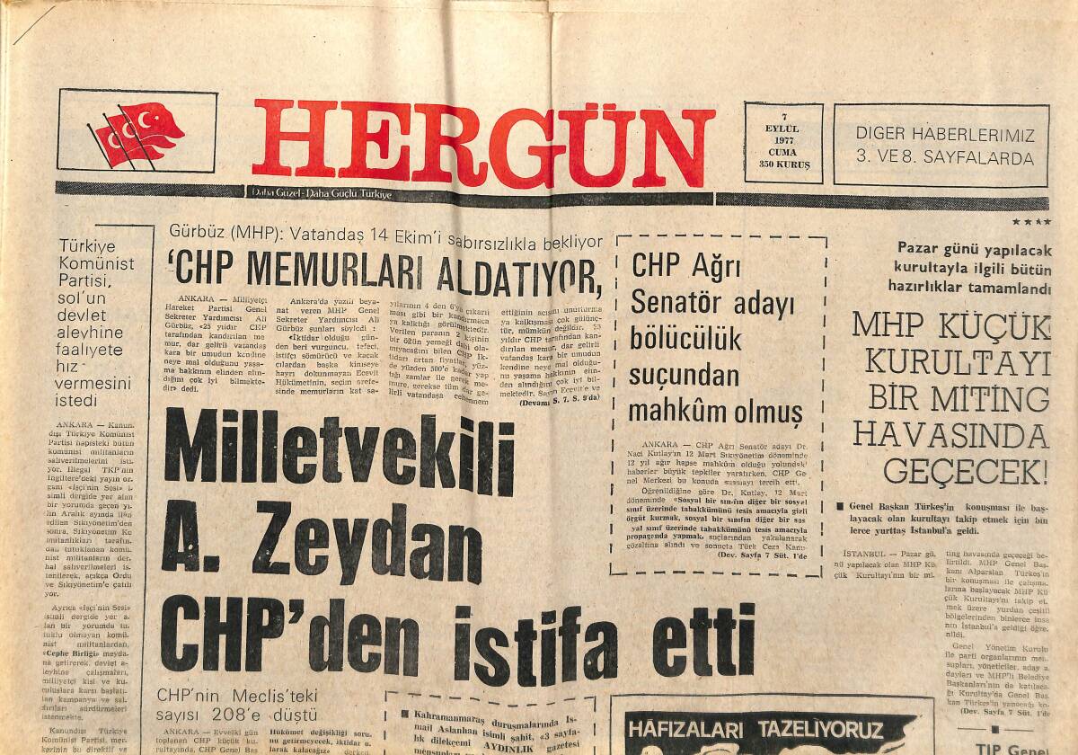 Hergün Gazetesi 7 Eylül 1977 - Milletvekili A. Zeydan CHP'den İstifa Etti - Şimdi de Kömür Karaborsası Başladı GZ151811 - 1