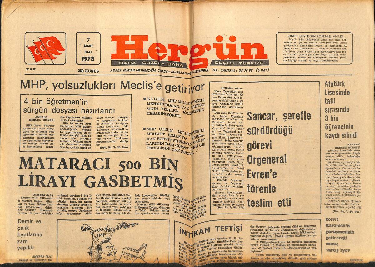 Hergün Gazetesi 7 Mart 1978 - Mataracı 500 Bin Lirayı Gasbetmiş - Kızıllar , Gaziantep'te Ülkücü Bir Öğretmeni Şehit Etti GZ151852 - 1