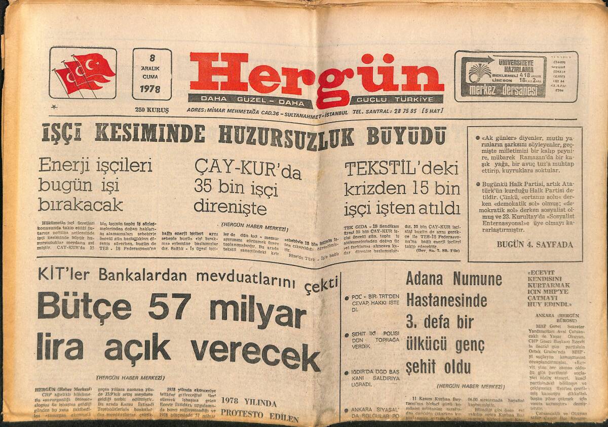 Hergün Gazetesi 8 Aralık 1978 - MHP Adana İl Kongresi Muhteşem Geçti - Çaykur'da 35 Bin İşçi Direnişte GZ151795 - 1