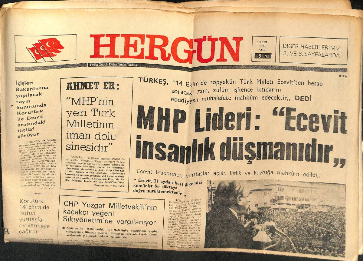 Hergün Gazetesi 9 Ekim 1979 - B.Trakya'da Yunanlılar 175 Türk'ü Katletmiş... - MHP Lideri : '' Ecevit İnsanlık Düşmanıdır '' GZ149198 - 1
