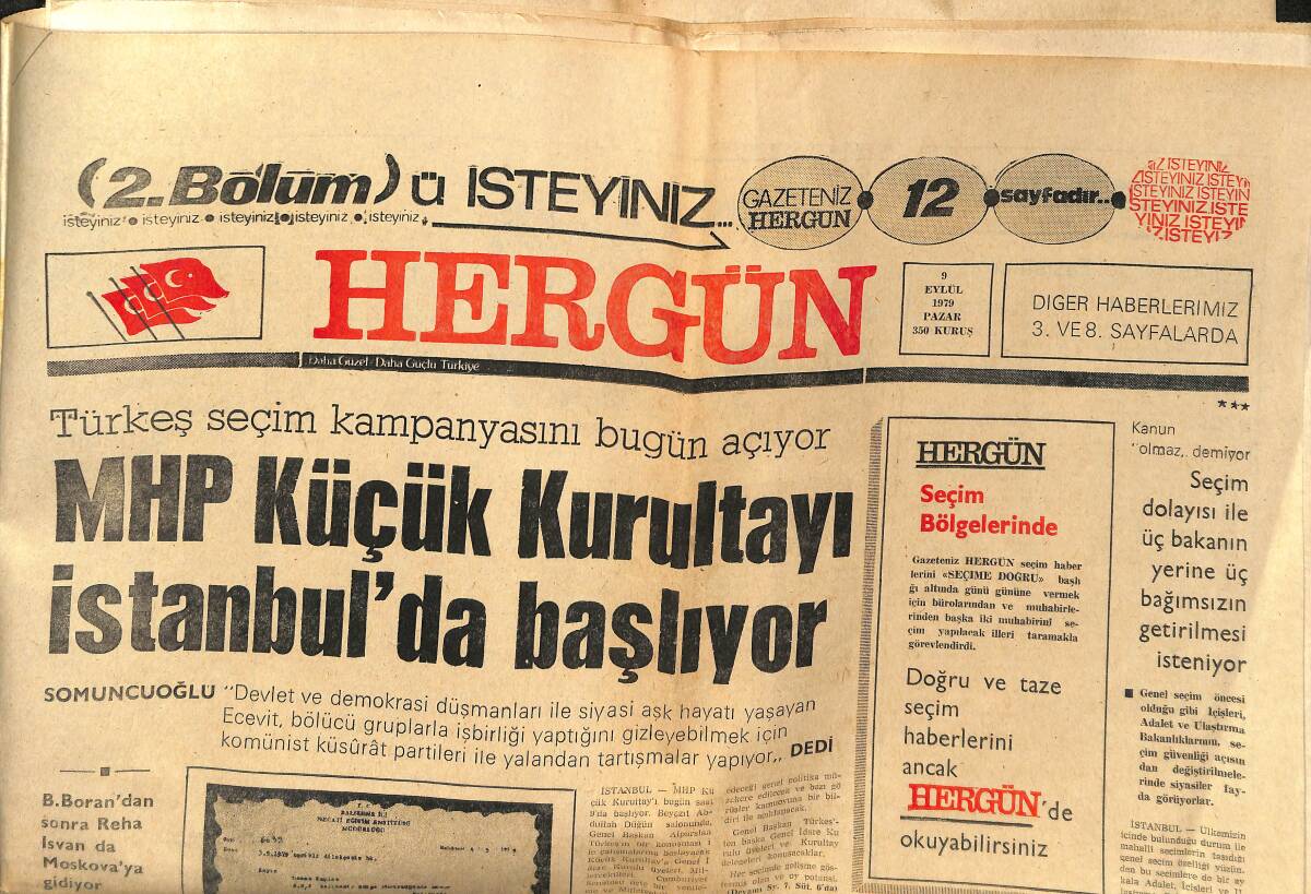 Hergün Gazetesi 9 Eylül 1979 - Ülkücü Çimen'i Şehid Eden Solcu Militanlar Elegeçti GZ149186 - 1