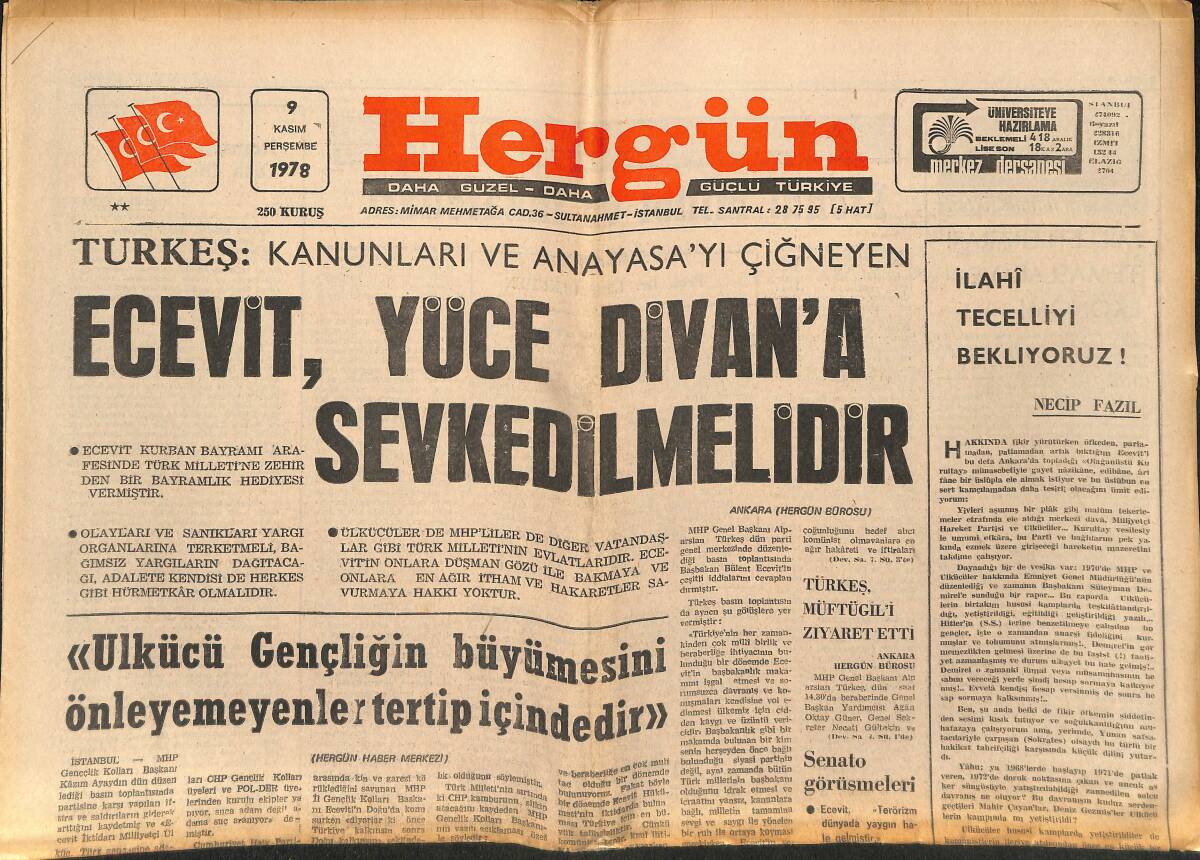 Hergün Gazetesi 9 Kasım 1978 - Muş Valisi Gezmiş Merkez Emrine Alındı - TSE Genel Kuruluna Üyeler Sokulmadı GZ149188 - 1