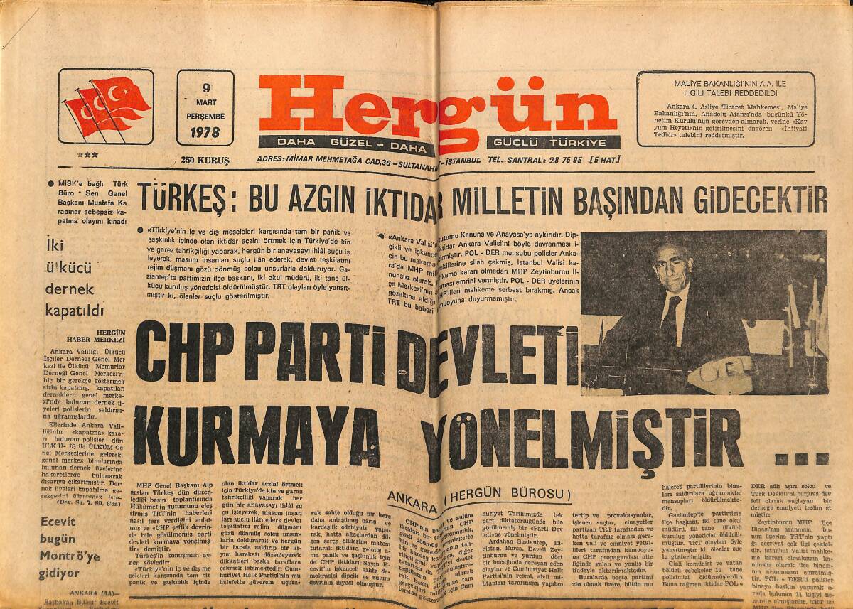 Hergün Gazetesi 9 Mart 1978 - Osmaniye'de Mahkumlar Ayaklandı - CHP Parti Devleti Kurmaya Yönelmiştir... GZ151856 - 1