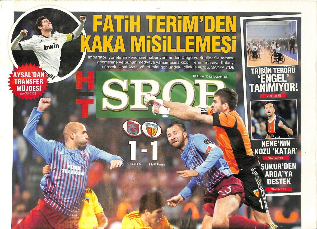 HT Spor Gazetesi 10 Aralık 2012 - Fatih Terim'den Kaka Misillemesi - Filip Holosko 