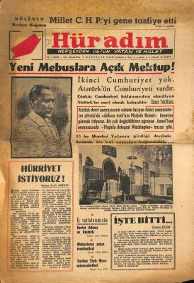 Hür Adım Gazetesi 18 Ekim 1961 - Yeni Mebuslara Açık Mektup ! İkinci Cumhuriyet Yok . Atatürkün Cumhuriyeti Vardır GZ115352 - 1
