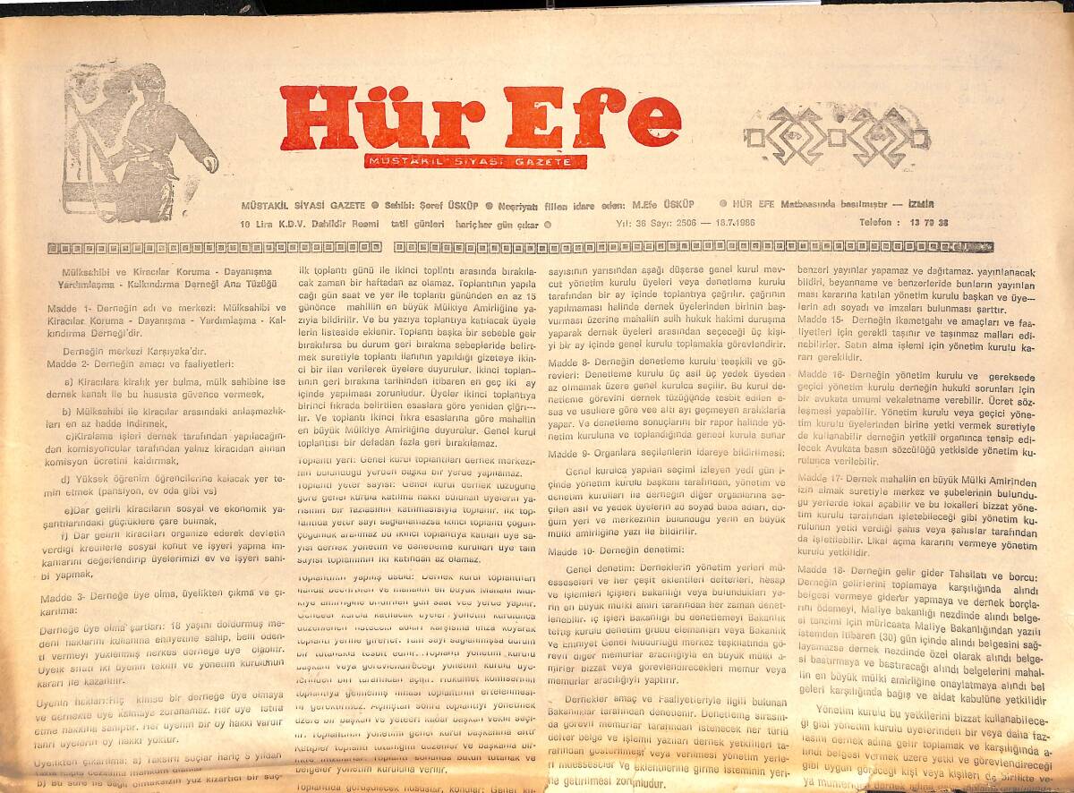 Hür Efe Gazetesi Müstakil Siyasi Gazete 18 Temmuz 1986 GZ136542 - 1