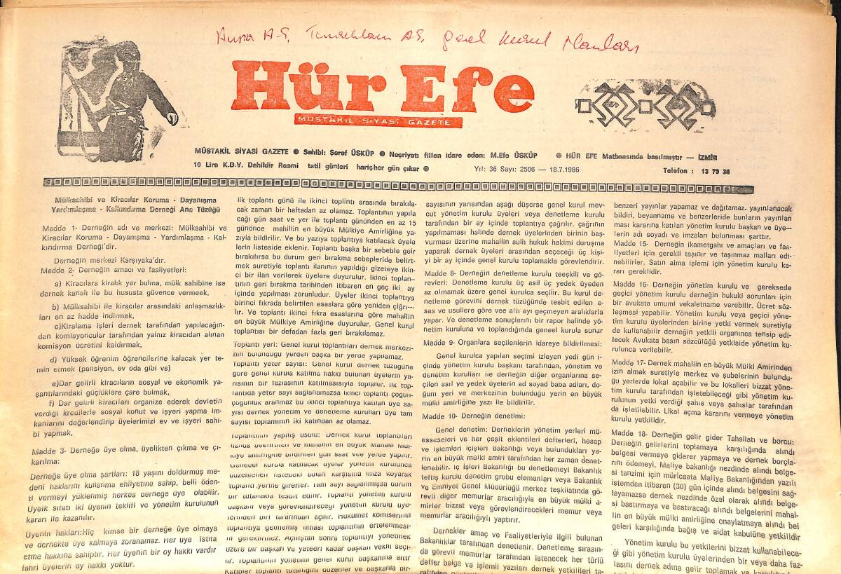 Hür Efe Gazetesi Müstakil Siyasi Gazete 18 Temmuz 1986 GZ136543 - 1