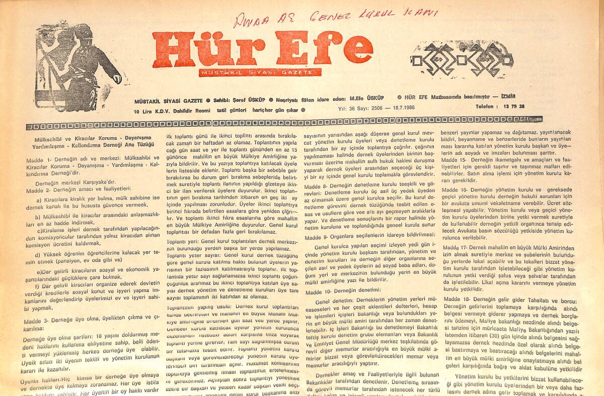 Hür Efe Gazetesi Müstakil Siyasi Gazete 18 Temmuz 1986 GZ136551 - 1