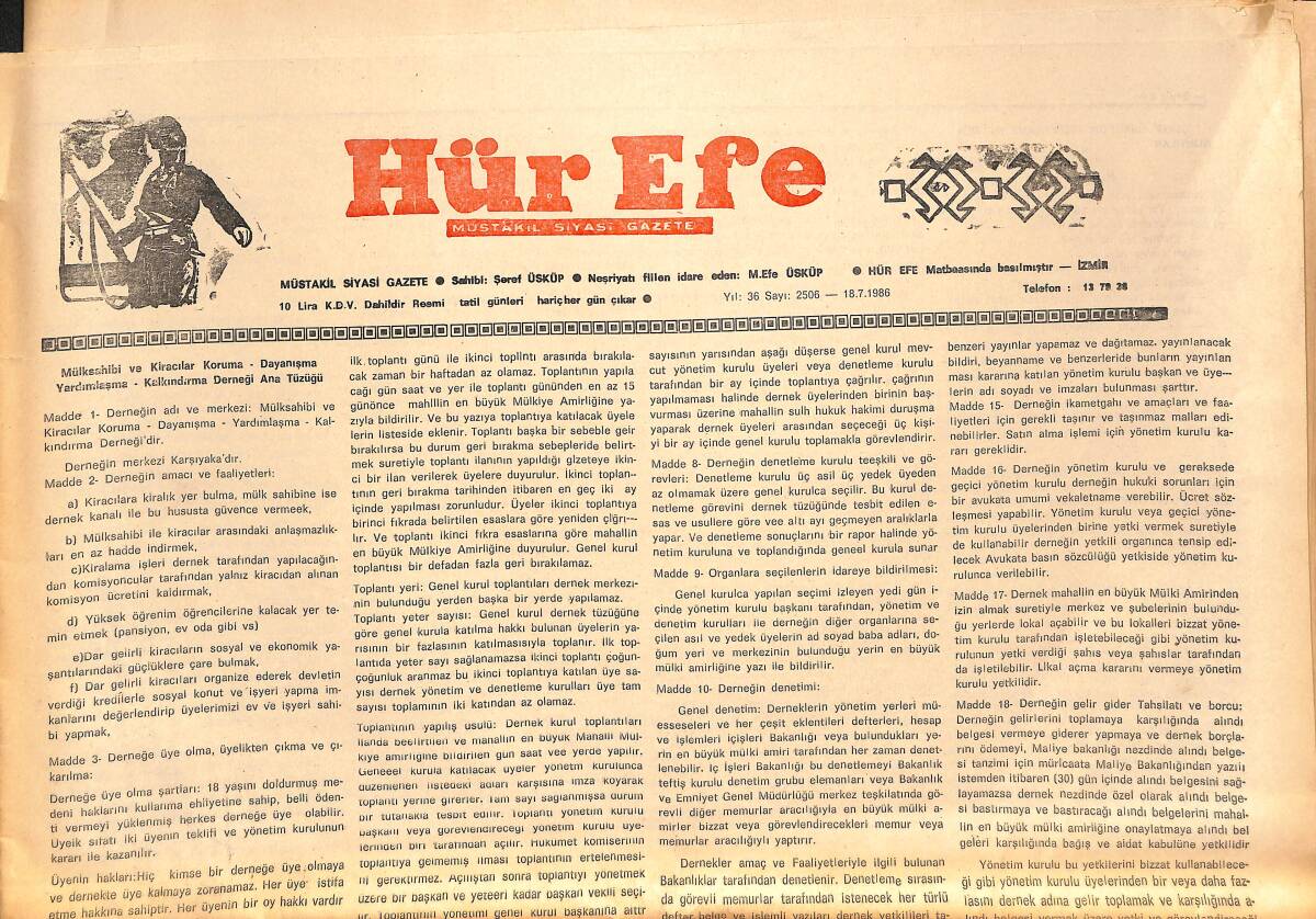 Hür Efe Gazetesi Müstakil Siyasi Gazete 18 Temmuz 1986 GZ136559 - 1