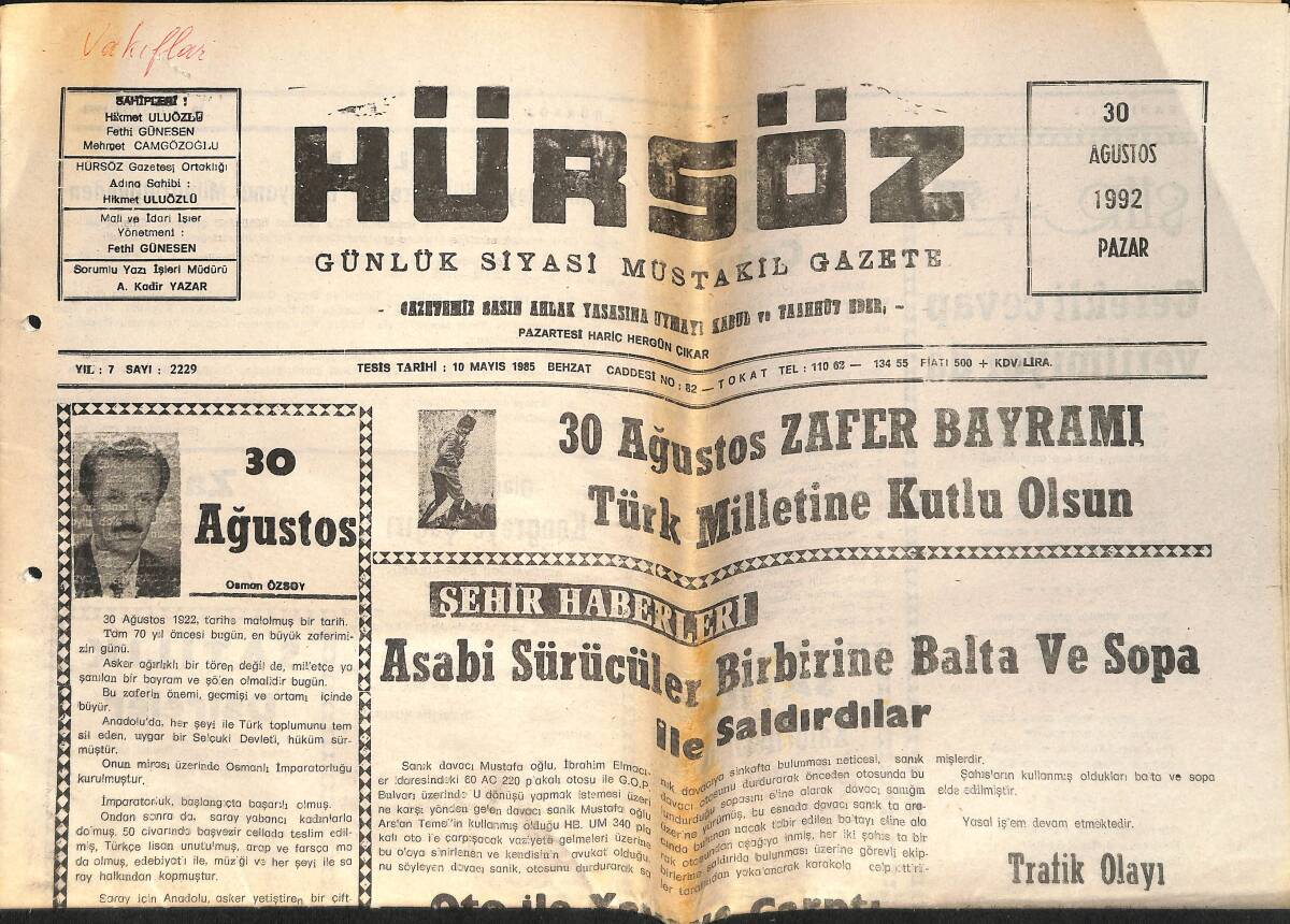 Hür Söz 30 Ağustos 1992 - Tokatspor'un Birinci Dönem Fikstürü - Almus Milli Gençlik Vakfından Sünnet Şöleni GZ154427 - 1