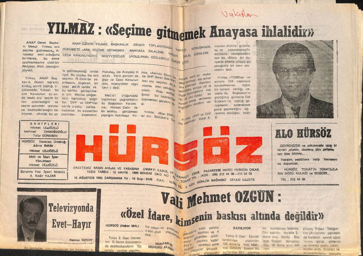 Hür Söz Gazetesi 16 Ağustos 1995 - Tokat Belediyesinden Topçam Şenlikleri - Vali Mehmet Özgün: Özel İdare Kimsenin Baskısı Altında Değildir GZ154428 - 1