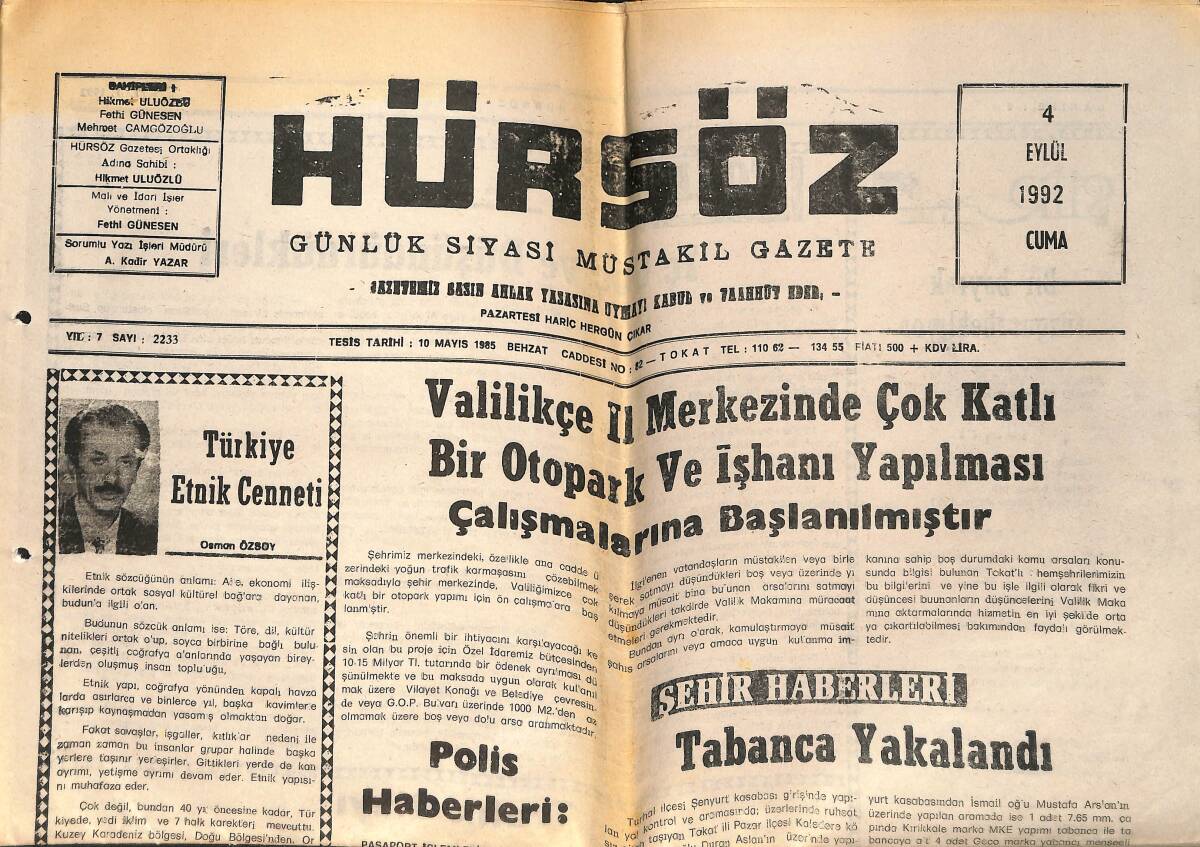 Hür Söz Gazetesi 4 Eylül 1992 - Reşadiye Yollarına Taş Döşeniyor - Tokatspor'un 1. Devre Fikstürü GZ154430 - 1