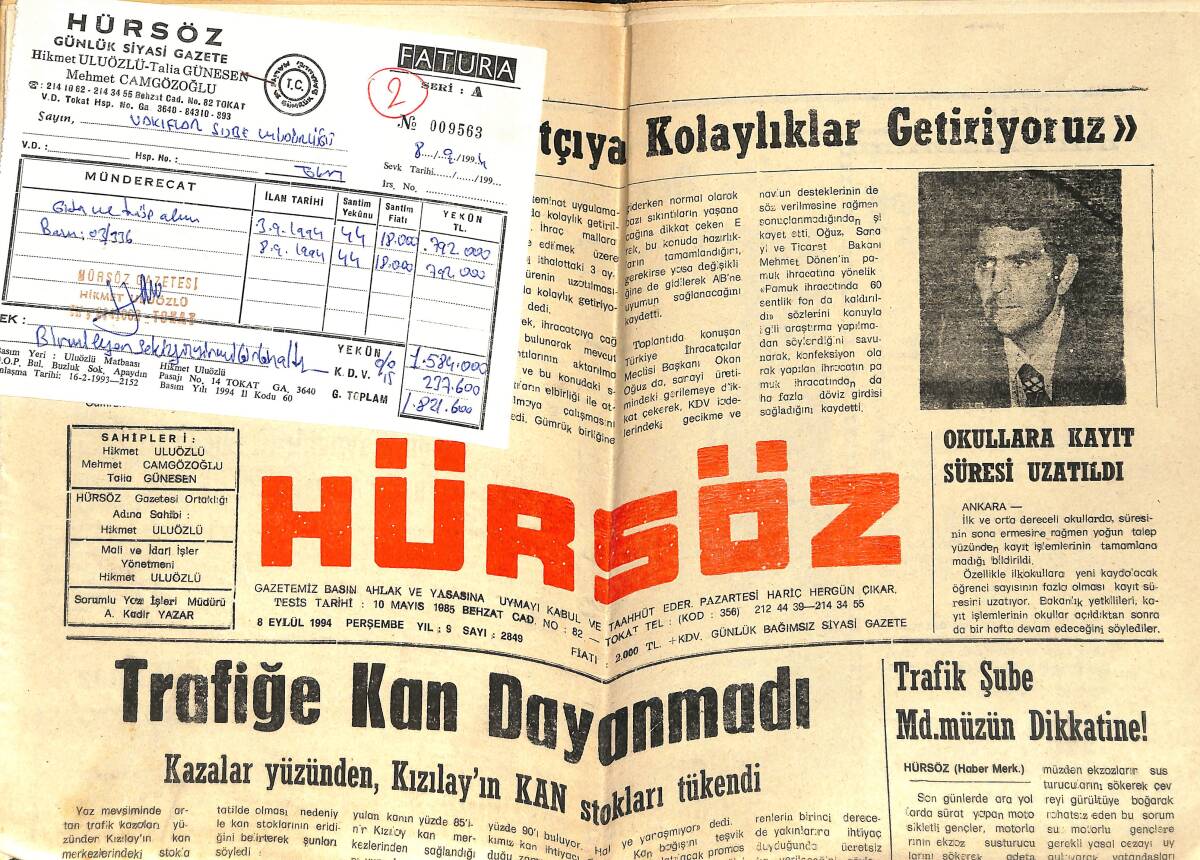 Hür Söz Gazetesi 8 Eylül 1994 - Recep Tayyip Erdoğan: Adil Davranıyoruz - Demirel Dostluk Dersi Verdi GZ154429 - 1