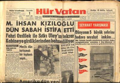 Hür Vatan Gazetesi 1 Mart 1961 - Muharrem İhsan Kızıloğlu İstifa Etti GZ89964 - 1