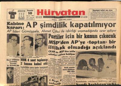Hür Vatan Gazetesi 10 Ağustos 1961 - Kabine Kararı AP Şimdilik Kapatılmıyor GZ97189 - 1