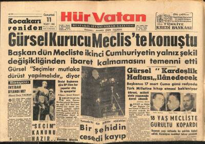 Hür Vatan Gazetesi 11 Mart 1961 - Cemal Gürsel Kardeşlik Haftası İlan Edecek GZ89954 - 1