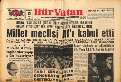 Hür Vatan Gazetesi 13 Ekim 1962 - Millet Meclisi Afı Kabul Etti GZ97045 - 1