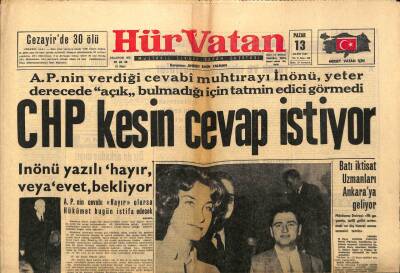 Hür Vatan Gazetesi 13 Mayıs 1962 - CHP Kesin Cevap İstiyor GZ89854 - 1