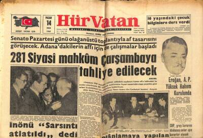 Hür Vatan Gazetesi 14 Ekim 1962 - 281 Siyasi Mahkum Çarşambaya Tahliye Edilecek GZ97038 - 1