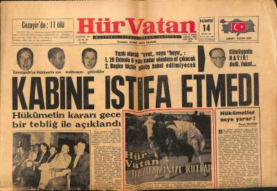 Hür Vatan Gazetesi 14 Mayıs 1962 - Kabine İstifa Etmedi GZ89847 - 1