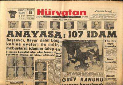 Hür Vatan Gazetesi 15 Temmuz 1961 - Anayasa107 İdam GZ97132 - 1