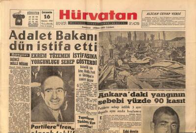 Hür Vatan Gazetesi 16 Ağustos 1961 - Adalet Bakanı Ekrem Tüzemen İstifa Etti GZ97183 - 1