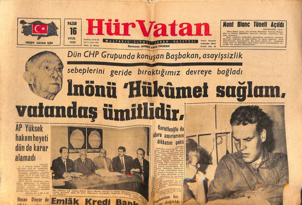 Hür Vatan Gazetesi 16 Eylül 1962 - Lothow Ailesi Batı Almanya'ya Gidecek - İnönü Hükümet Sağlam, Vatandaş Ümitlidir GZ149058 - 1