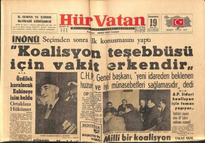 Hür Vatan Gazetesi 19 Ekim 1961 - İsmet İnönü,Koalisyon İçin Vakit Erken GZ97157 - 1
