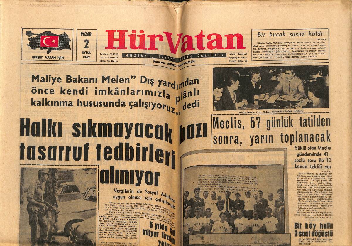 Hür Vatan Gazetesi 2 Eylül 1962 - L. Johnson'un Kızı Aşka Dayanamadı - 800 Üst Subay Emekli Oluyor GZ148895 - 1